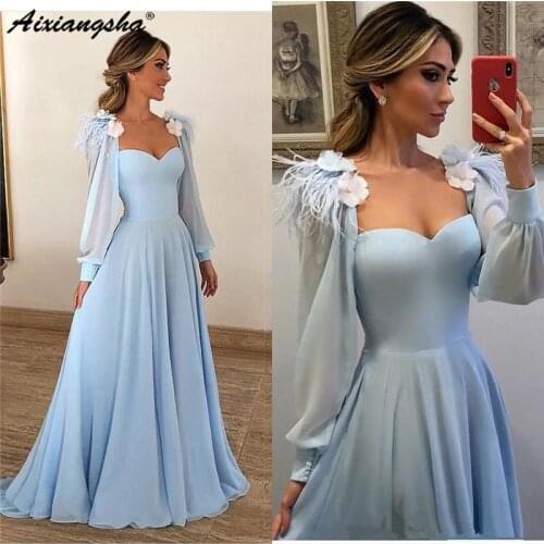 Elegant Light Blue Feather Evening Dress A Line Long Sleeves Plus Size Floor Length Evening Gown robe de soiree abendkleide