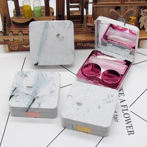 Square Contact Lenses Case Marble Surface Mirror Lens Container Box Travel Eye Contacts Holder Cover Soaking Contact Lenses
