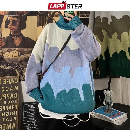 LAPPSTER Mens Harajuku Korean Jumpers Sweaters 2020 Mens Japanese Oversized Knitted Turtleneck Sweater Black Vintage Pullover