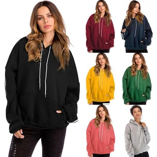 Autumn casual womens solid color drawstring hoodie plus velvet loose long sleeves