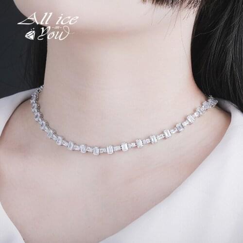 ALLICEONYOU Baguette Square Cubic Zirconia Stones Necklace High Quality Iced Out Hip Hop Jewelry For Women Gift Chain