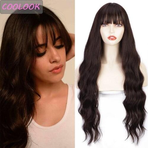 Water Wave Brown Wigs with Bangs 28 Inch Long Body Wave Wigs for Black Women Natural Synthetic Fibre Wavy False Hair Cosplay Wig