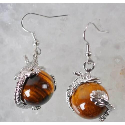 Natural Tigereye Bead Dragon Dangle GEM Earrings Jewelry T212