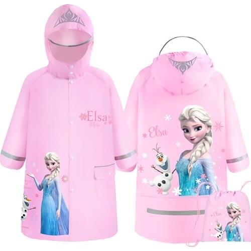 Pink Frozen Kids Raincoat Wateproof Girl Rain Poncho Rain Coat Jacket with Backpack Position Luminous Strip Raincoat Women