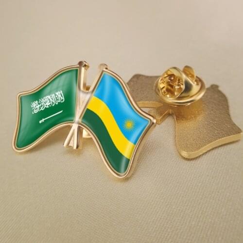 Saudi Arabia and Rwanda Crossed Double Friendship Flags Lapel Pins Brooch Badges