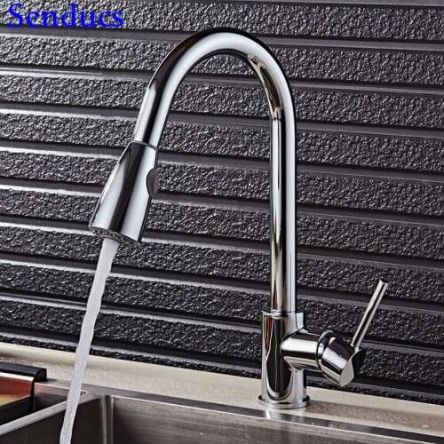 Senducs Chrome Pull Down Kitchen Faucet Luxury Deck Hot Cold Kitchen Sink Faucet Qualtiy Brass Pull Out Kitchen Mixer Tap
