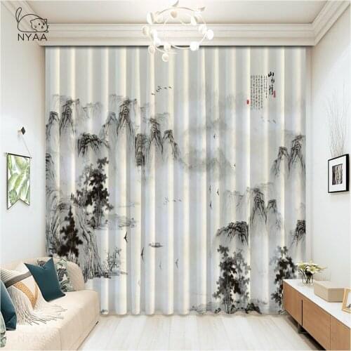Chinese Style Golden Landscape Painting Curtains French Window Curtain For Bathroom Modern Blackout Curtains Blue Micro Shading