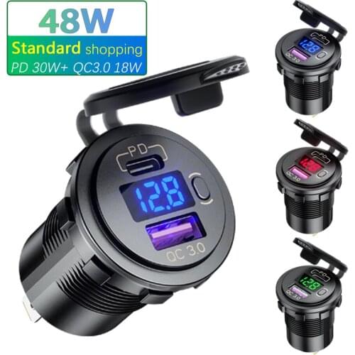 ROXGOCT 48W QC 3.0+PD 12V USB Charger Fast Charging LED Voltmeter Power Switch Car Lighter Socket For Motorcycle Truck SUV Boat
