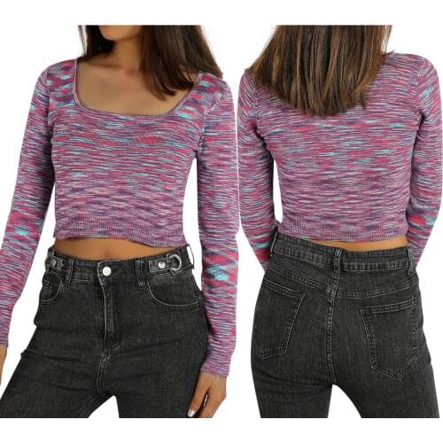 Women’s Casual Long Sleeve T-shirt Fashion Colorful Stripe Square Collar Exposed Navel Tops