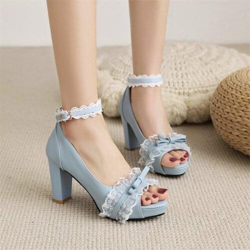 PXELENA 5 Colors 2021 Spring Newest Women Peep Toe Pumps Ankle Strap Lace Ruffles Knot Party Dress Wedding Shoes White Pink Blue
