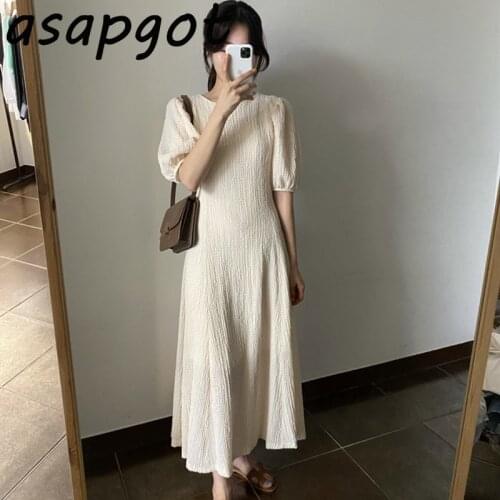 Temperament Elegant Chic Korean Solid Retro O Neck Lantern Short Sleeve Pleated Dress Women Long Loose Vestido Feminino Fashion