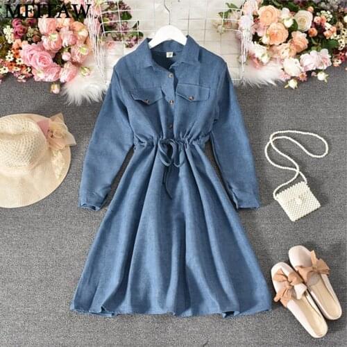 2021 Spring Autumn Long Sleeve Women Corduroy Dress Ladies Button Double Pocket Vintage Harajuku A Line Mini Dress