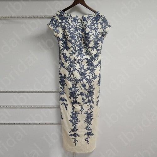 2021 Real Sample Delicate Nude Lace Tea Length Short Sleeve Mother of the Bride Dresses Jewel Neck Wedding Guest Gowns Back Out