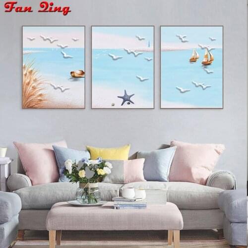 3 pcs diamond embroidery Art painting seabird sailboat Wall Art diamond painting mosaic Full square round rhinestone decor