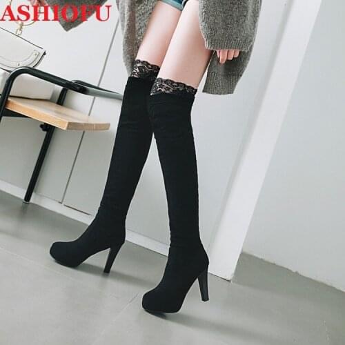 ASHIOFU Handmade Hot Sale Womens High Heels Boots Sexy Club Party Lace Over Knee Boots Evening Winter Fashion Long Black Boots