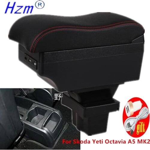 For Skoda Yeti Octavia A5 MK2 2005-2012 Armrest box Dual Layer PU Leather Center Console Storage Box USB