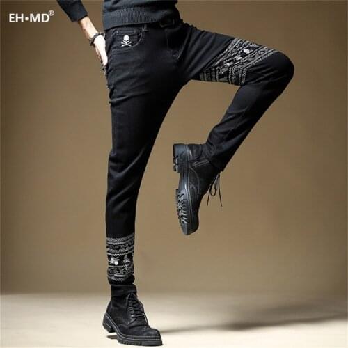 EH·MD® Skull Embroidered Jeans Mens Ethnic Style Decoration Soft Casual Slim Cotton Stretch Pencil Pants Pure Color New Season