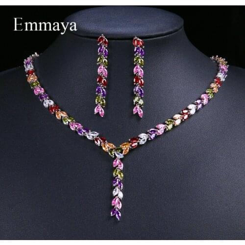 Emmaya Luxury Colorful Sparking Cubic Zircon Drop Earring Necklace Heavy Party Jewelry Set Wedding Bridal Dress Gift