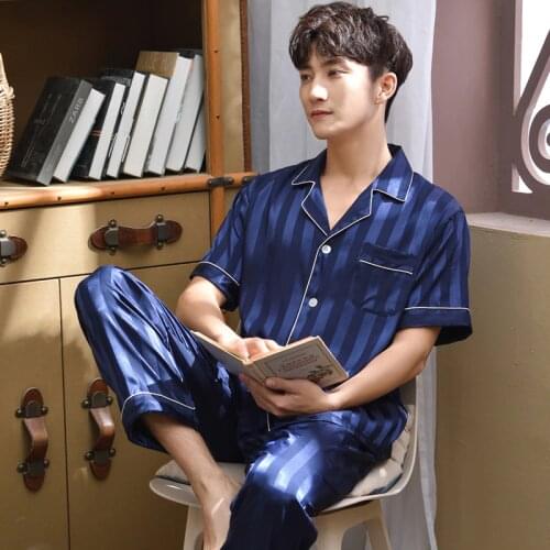 Summer Satin Silk Pajamas Set Men Stripe Short Sleeve Sleepwear Solid Blue Pijamas Hombres Nightwear Homewear For Male Pj Set
