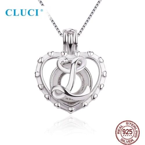 CLUCI 925 Sterling Silver Initial L Love Cage Pendant for Women Jewelry Gift Love Heart Pearl Pendant for Girls SC402SB