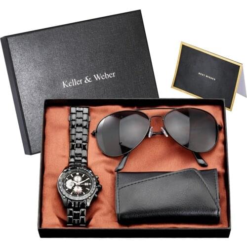 Keller & Weber Men Watch Set Quartz Stainless Steel Wristwatch Key Package Sunglasses Birthday Gift Watch for Son/Husband