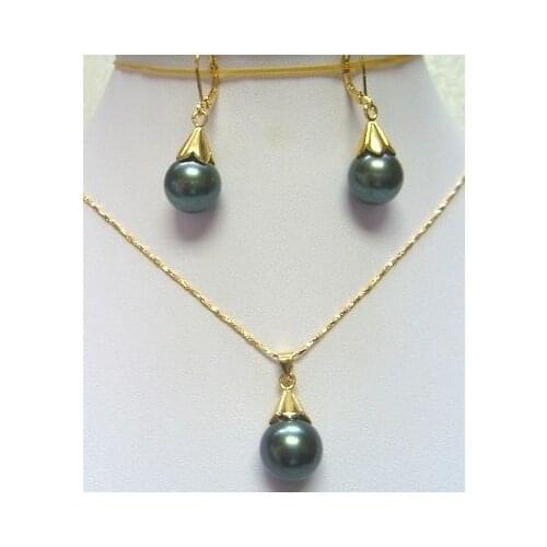 Nobility Lucky Women Fashion Set KGP Green gem black shell pearl Earring Pendant Necklace A649