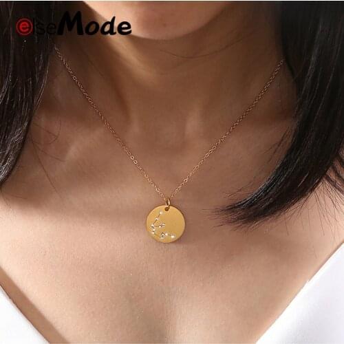 ELSEMODE 2018 New 12 Constellation Crystal Necklace Stainless Steel Star Zodiac Charm Pendant Collar Trendy Birthday Gift
