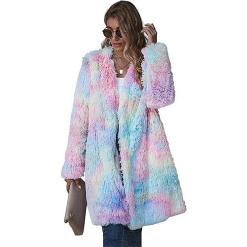 2020 Autumn and Winter New Faux Fur Coat Women Plush Color Tie Dye Long Long Sleeve Parker Fashion Casual Teddy Jacket Pink