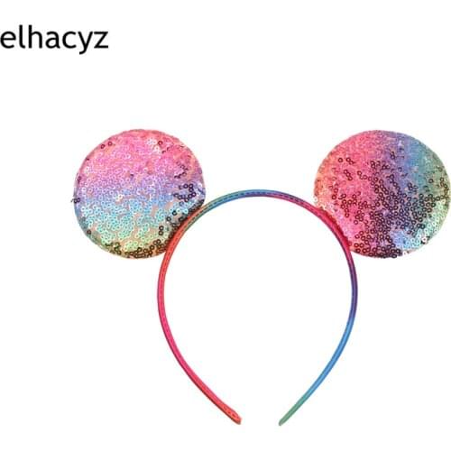1PC NEW Creative Rainbow Color 3.3'' Big Glitter Sequins Kids Girls Mouse Ears Hairband Women Headwear DIY Hair Accessories