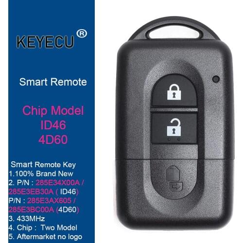 KEYECU 2B Remote Key for Nissan Juke Navara Micra Duke Smart key Frequency 433 MHz ID46 / 4D60 Part No 285E34X00A 285E3AX605