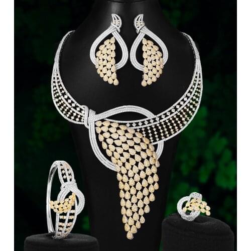 Blachette Luxury Feather Africa Jewelry Set For Women Wedding Party Holiday Celebration Cubic Zirconia Dubai Bridal Jewelry