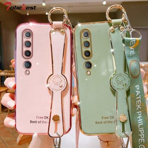 Lanyard Wrist Strap Hand Band Plating Silicone Case For Xiaomi Mi 10 10T 9 SE CC9 Pro Lite CC9E Coque Soft TPU Cover