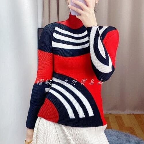 IN STOCK Miyake fold long sleeve T-shirt stand collar print T-shirt HOT SELLING