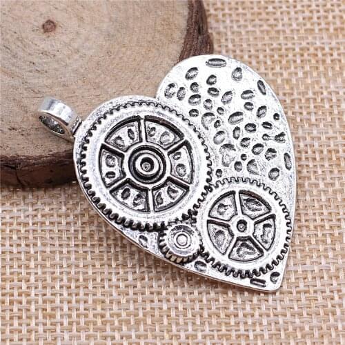 WYSIWYG 1pcs 48x38mm Antique Silver Color Gear Heart Charm Pendants Heart Gears Charm Big Heart Gears Pendants Charm