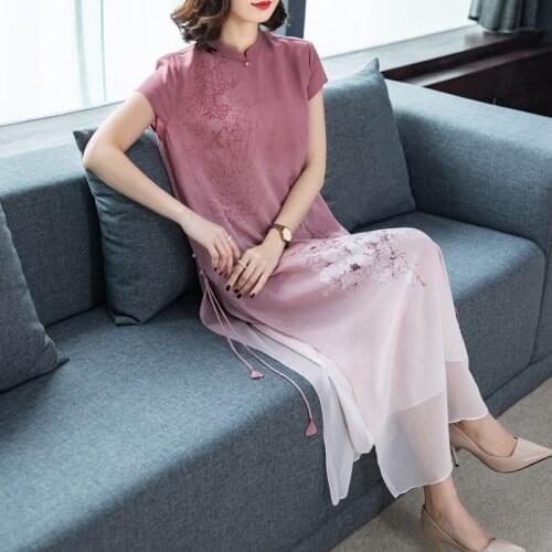 2020 Chinese Dress Cheongsam Qipao Cheongsam Modern Women Chiffon Gowns Vintage Printing Flower Women Long Qipao Vestido Dress