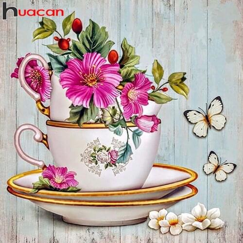 Huacan Diamond Art Painting Mosaic Cup Flower Scenery 5d Diy Diamond Embroidery Butterfly Room Decor