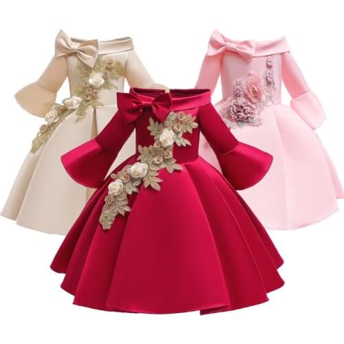 For 1 2 4 6 8 10 Years Girls Satin Glossy Dress Kids Elegant Party appliques Flare sleeve Frocks baby Dress Vestidos Costumes
