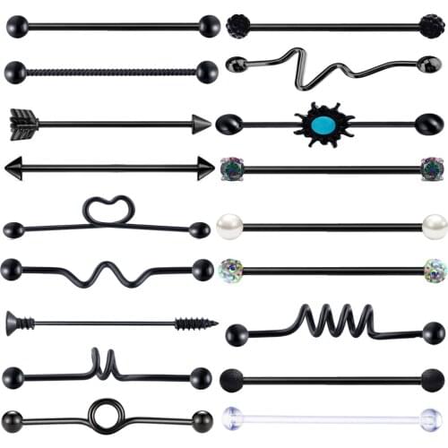 Fanpeijy 14g Stainless Steel Industrial Barbell Set Ear Cartilage Helix Conch Earring Tragus Body Piercing Jewelry 38mm 18pcs