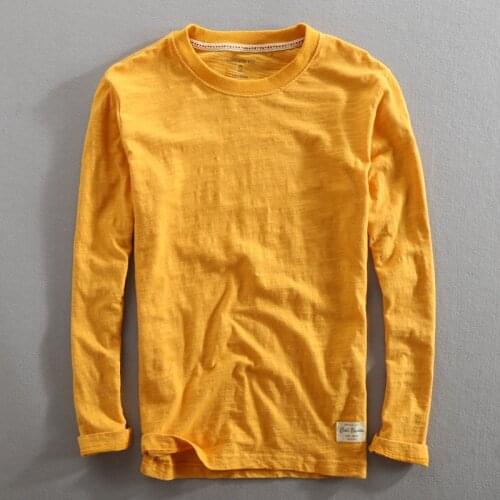 Mens Vintage Solid Bamboo Cotton Long Sleeve T-Shirt Male Tops O-Neck Casual Thin Tees Slub T Shirts