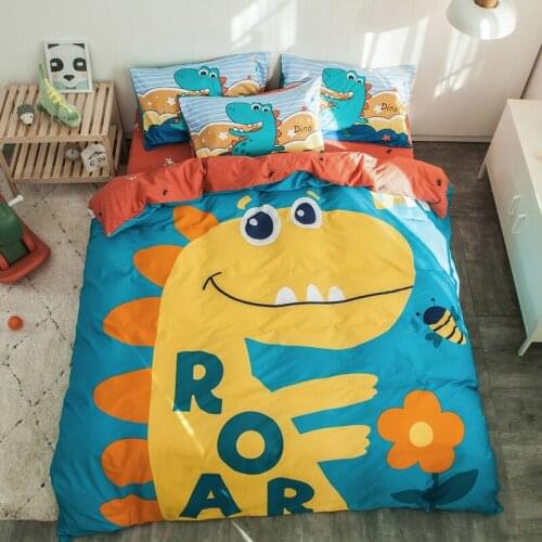 Blue Summer Quilt Cartoon Yellow Dinosaur 100% Cotton Bedding set Duvet Cover Pillowcase and Flatsheet Single Double Bed