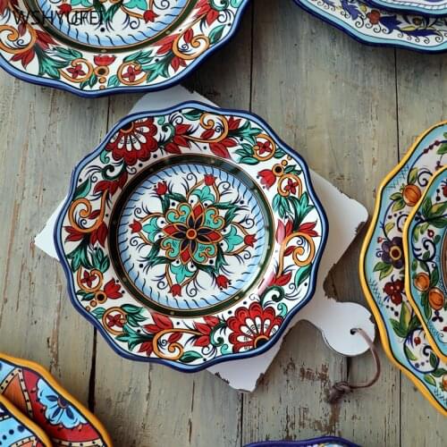 1Pcs Bohemian style hand-painted ceramic plate delicate flower tableware western steak salad dessert cake sushi decorative