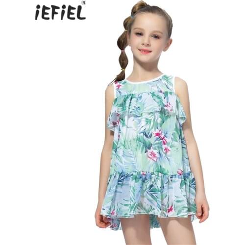 2021 Summer Girls Clothes Sleeveless Ruffle Flower Print Princess Tutu Dress Birthday Party Kids Dresses For Girls Beach Wear