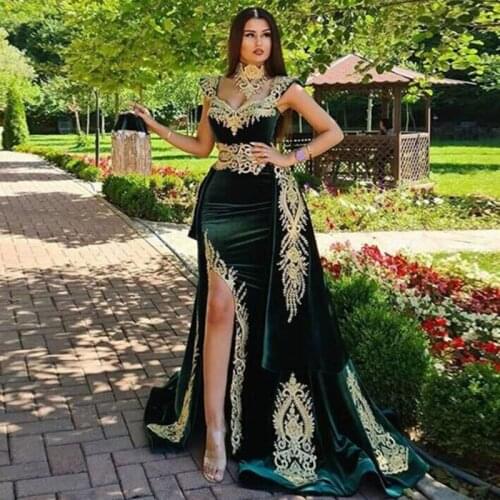 Moroccan Kaftan Evening Dress with Removable Train Sexy High Slit Mermaid Formal Dubai Prom Dark Green Lace Appliques Dresses