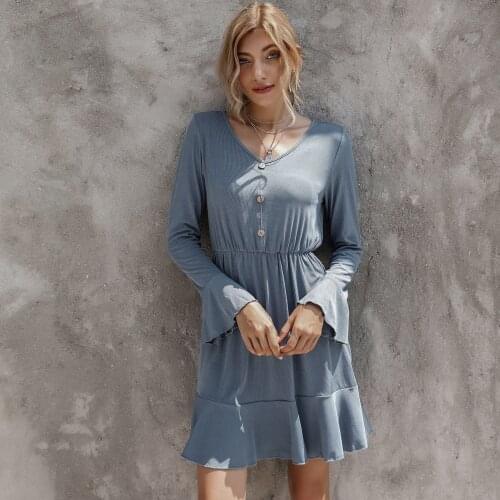 Hirigin Women Buttons Mini Dress Casual Long Sleeve OL Office Autumn Loose Dress Elegant Vestidos Streetwear
