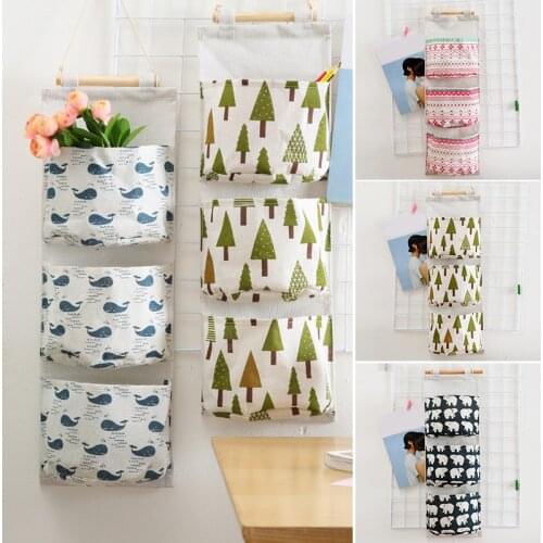 Wall Mounted Storage Bag with 3 Pockets Linen Fabric Waterproof Wall Door Closet Hanging Organizer for Bedroom Bathroom NIN668