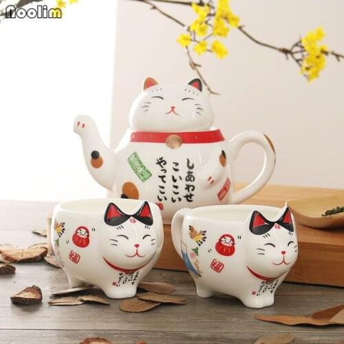 NOOLIM Ceramic 1Teapot+2Mugs Cute Cat Cups Cartoon Plutus Teapots Coffee Milk Mug Sets Creative Breakfast Tea Pot Christmas Gift