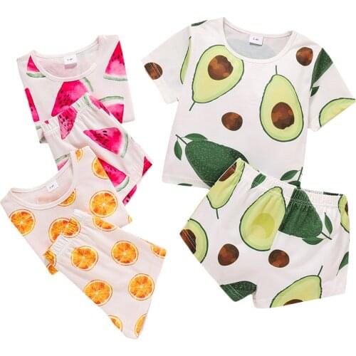 New 2Pcs Kids Summer Outfit, Avocado/Watermelon/Orange Printing Short Sleeves T-Shirt + Elastic-Waist Shorts for Girls