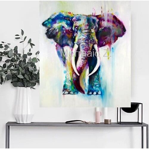 Hand painted Unique rainbow color cattle canvas abstract elephant baby elephant pop art oil painting