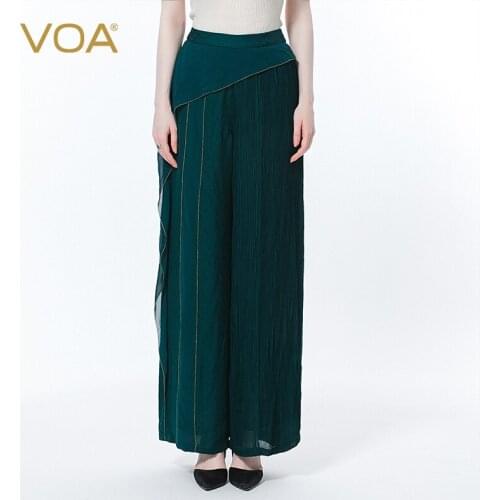 VOA Silk Pattern Double Craft Jacquard Peacock Green Pants for Women KE511 Three-dimensional Loose-fitting Straight Trousers