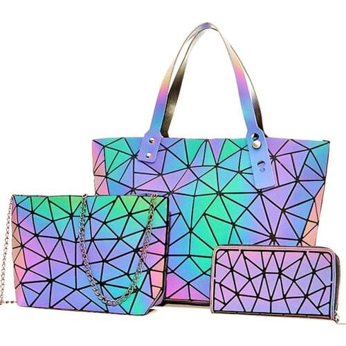 Luminous Bags for Women set folding Totes 2021 Geometric splice Lady Hand bags Chain Shoulder Bags Holographic purse